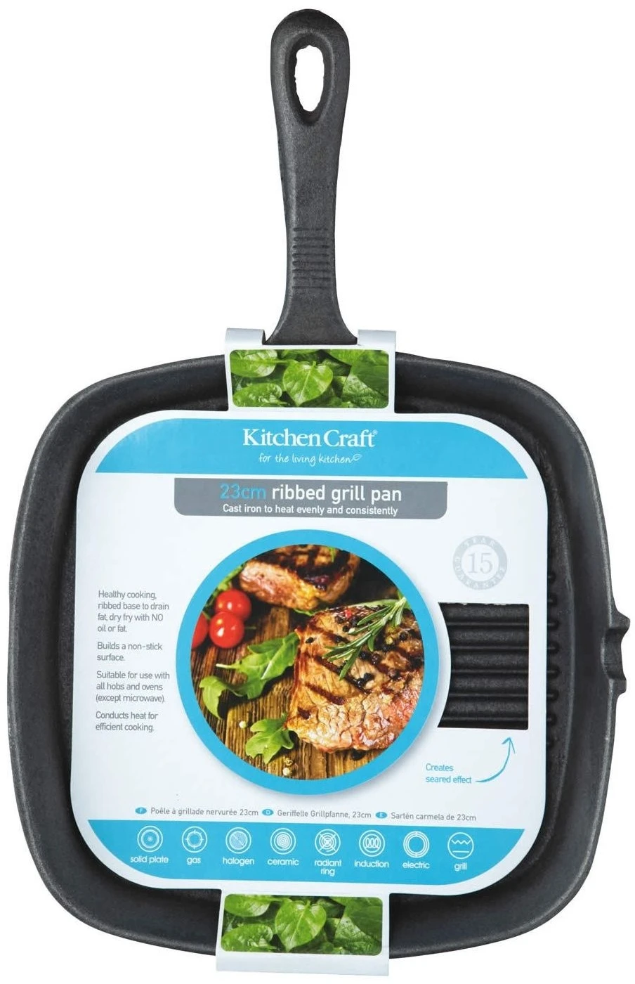 KitchenCraft Deluxe Cast Iron Square Ribbed Grill Pan 9